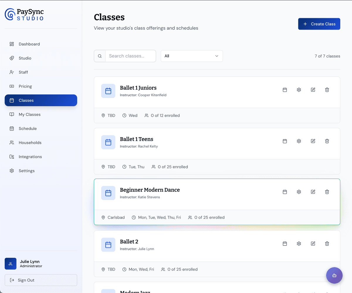 PaySync STUDIO Classes Management